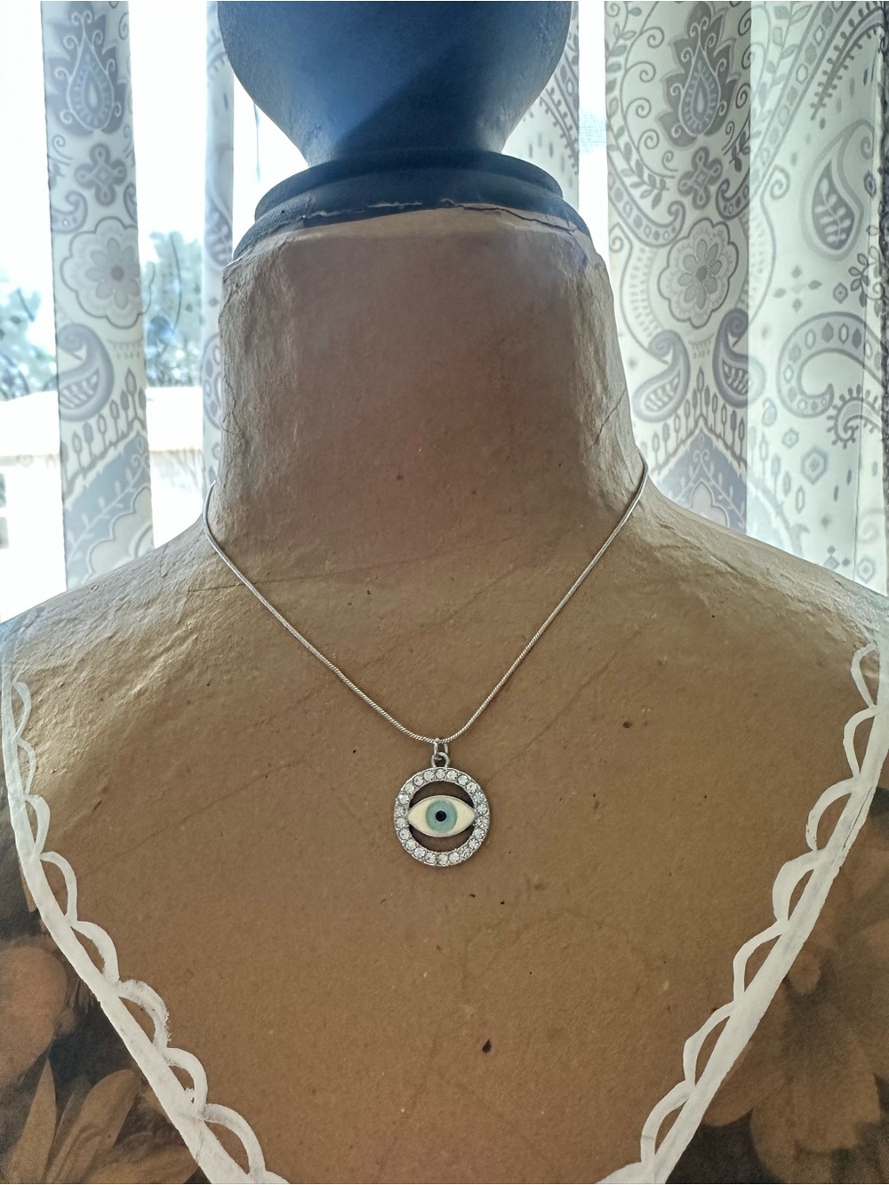Silver Evil Eye Pendant Necklace with Blue Center and Crystal Halo - Picture 2 of 2